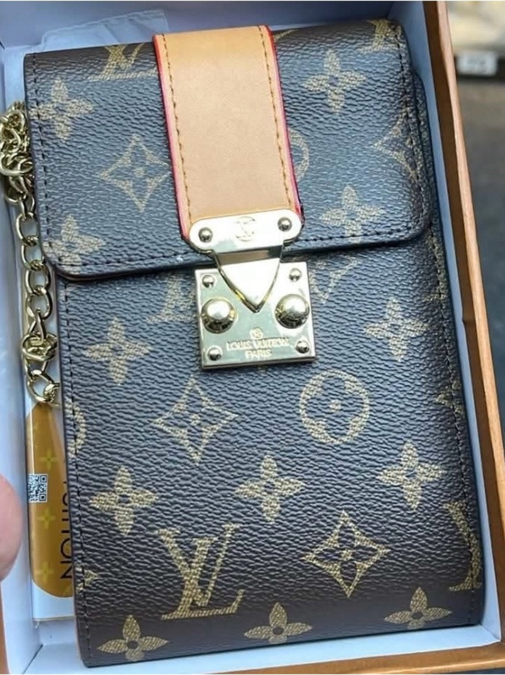 Fashionable Brown Phone Pouch with tan Accent and Gold Chain